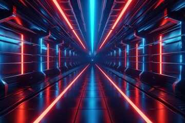 Un couloir sombre avec des lumières de couleur rouge et bleu vives, dans un style d'imagerie futuriste lumineux, image avec espace pour texte.
