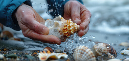 Beachcombing, Close-up photographs of beachcombers collecting seashells, driftwood, or other treasures along the shoreline highlight the simple pleasures - obrazy, fototapety, plakaty