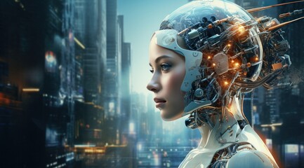 Intelligence artificielle, une femme avec une tête de robot, arrière-plan avec des symboles technologiques, hyperréalisme, axé sur la lumière et l'énergie, image avec espace pour texte. - obrazy, fototapety, plakaty
