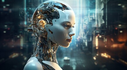 Intelligence artificielle, une femme avec une tête de robot, arrière-plan avec des symboles technologiques, hyperréalisme, axé sur la lumière et l'énergie, image avec espace pour texte. - obrazy, fototapety, plakaty