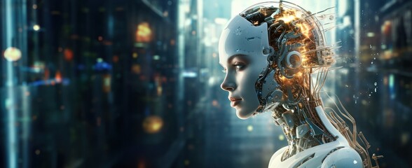 Fototapeta na wymiar Intelligence artificielle, une femme avec une tête de robot, arrière-plan avec des symboles technologiques, hyperréalisme, axé sur la lumière et l'énergie, image avec espace pour texte.