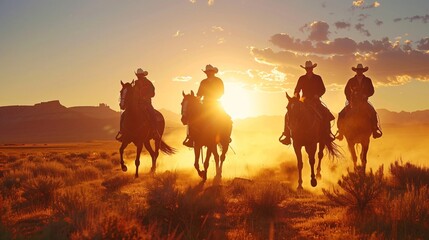 Fototapeta na wymiar Rodeo Riders Riding in the Sunset Generative AI