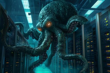 A massive octopus with an eye patch and smoking pipe stands amidst servers in a data center, attempting to hack into the computer systems.