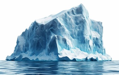 A large ice block floating in the ocean. The ice is so large that it is almost as tall as a building. The water is calm and the sky is clear. Concept of isolation and vastness