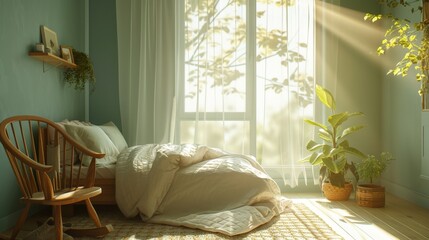 Minimalist Bedroom Interior Bathing in Warm Sunlight