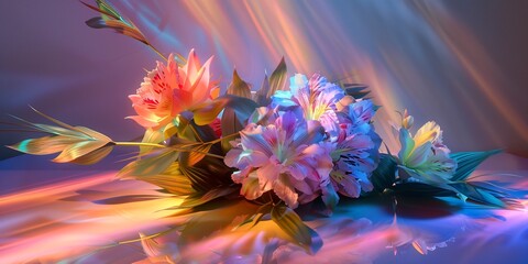 Fototapeta premium a Wonder Bouquet of impossible unique many kind of flowers on a design magic table joy with colorful backgrounds.
