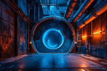 Obraz premium Glowing Blue Hole in the Wall A Futuristic Spaceship Launchpad Generative AI