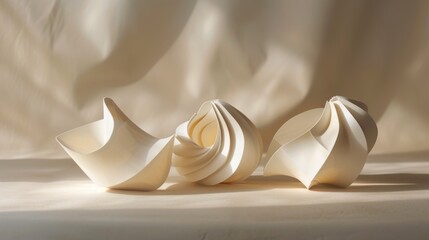 Three paper bowls are arranged on a table. The bowls are white and appear to be made of paper. The bowls are arranged in a way that they look like they are in motion
