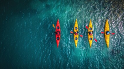 A group of four yellow kayaks are floating on a blue body of water. The kayaks are positioned in a row, with one on the left, one in the middle, and two on the right - Powered by Adobe