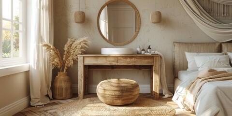 Boho Scandinavian style in farmhouse interior. Beige bedroom with natural wooden furniture.