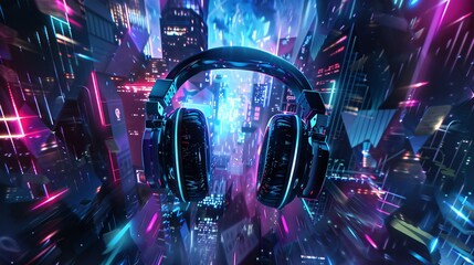Neon Cityscape A Vibrant, Futuristic Headset Experience Generative AI - obrazy, fototapety, plakaty