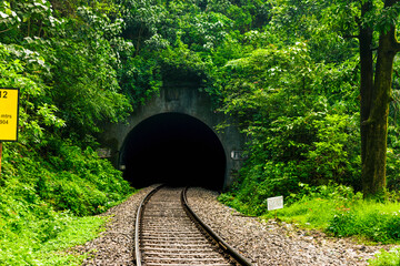 Railway tunnel in tropical forest at Goa, India. Travel concept background.