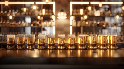 Fototapeta na wymiar Row of draft beer glasses on blurred bar background