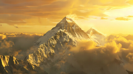 Generative AI, Sunrise Embrace: Everest's Peak in Golden Silhouette