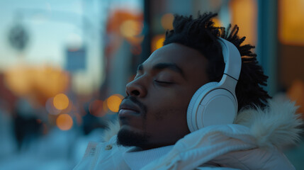 Smiling man wearing wireless in-ear headphones while relaxing with eyes closed