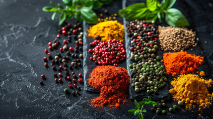 Mix spices in closeup on graphite board. copy space.