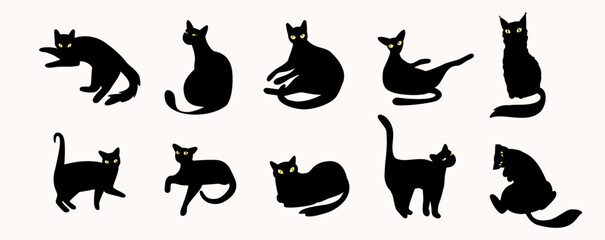 Silhouette cat vector illustration set. Simple group of shapes of hand drawn pets. Poses of russian blue, british shorthair, bengal, siamese, sphynx and burmese. Friendly cute illustration.