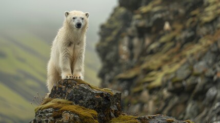 A polar bear stands on a rock in the mountains. The bear is wet and he is enjoying the view