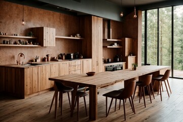 Sleek Kitchen Elegant Wooden Table Copper Chandeliers Forest Backdrop 
