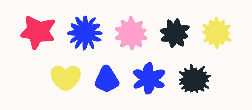 Abstract vector shapes set. Different forms in a group. Star, heart, flower as irregular blobs and forms in hand drawn style.