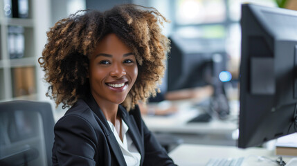 A woman with afro hair works enthusiastically in the office as customer service. He sat in front of the computer in formal clothes, ready to provide the best service to customers. Ai generated Images