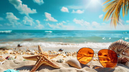 Fototapeta na wymiar Sunny Beach Day Essentials with Starfish and Sunglasses, Idyllic Summer Vacation Concept