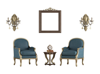 classic armchairs, ornamental lamps, and blank picture frame for mockup on transparent background- 3d rendering