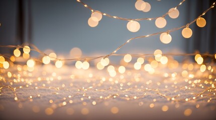 Sparkling fairy lights add a soft luminosity to a calm snowy landscape 