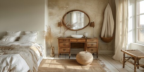 Fototapeta na wymiar Boho Scandinavian style in farmhouse interior. Beige bedroom with natural wooden furniture.