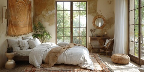 Boho Scandinavian style in farmhouse interior. Beige bedroom with natural wooden furniture.