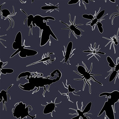 Silhouettes of insects on a colored background.Vector pattern with silhouettes of insects with golden decor on a colored background.