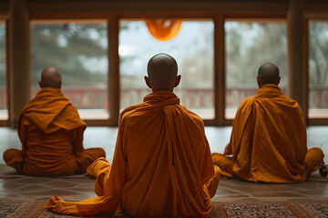 buddhist monks in the temple - obrazy, fototapety, plakaty