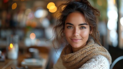 A woman with brown hair and a scarf is smiling at the camera. She is sitting at a table in a restaurant - Powered by Adobe