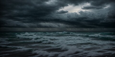 Storm clouds brooding over stormy seascape at dusky twilight  - obrazy, fototapety, plakaty