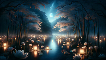 Moonlit Enchantment: Tranquil Waters Amidst Ethereal Blossoms