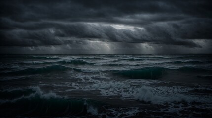 Stormy ocean waves beneath a darkening sky at dusk  - obrazy, fototapety, plakaty