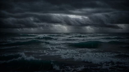 Fotobehang Stormy ocean waves beneath a darkening sky at dusk  © Fred