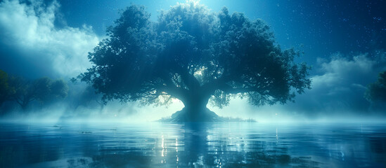 a tree in the center of the pic, in night
