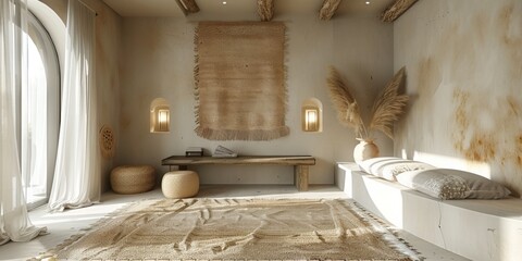 Boho Scandinavian style in farmhouse interior. Beige bedroom with natural wooden furniture.