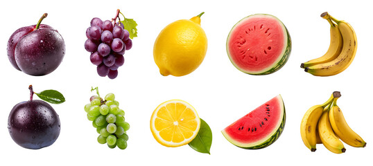 Slots Fruits set. Watermelon, Banana, Lemon, Grape, Plum  Transparent background PNG. Generative AI