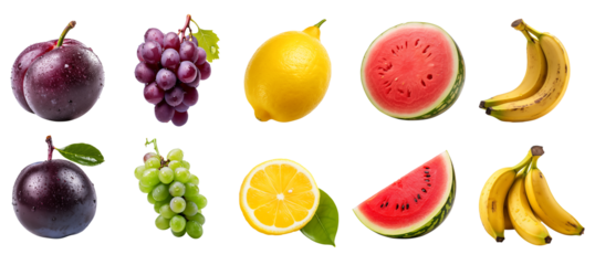 Slots Fruits set. Watermelon, Banana, Lemon, Grape, Plum Transparent background PNG. Generative AI