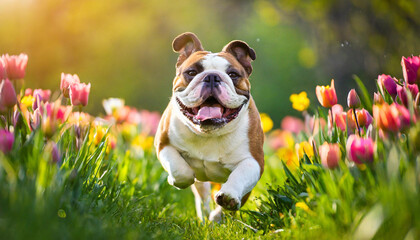 A dog bulldog with a happy face runs through the colorful lush spring green grass