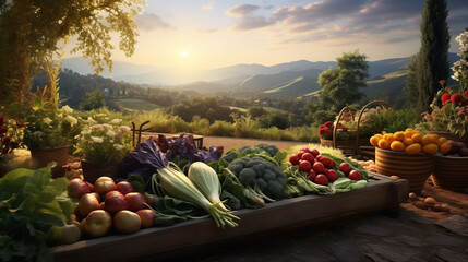 Fresh and organic vegetables in garden. Assortment of fresh fruits and vegetables. Composition with assorted raw organic vegetables. Detox diet. Harvest of fresh carrot, beetroot and potato in garden - obrazy, fototapety, plakaty