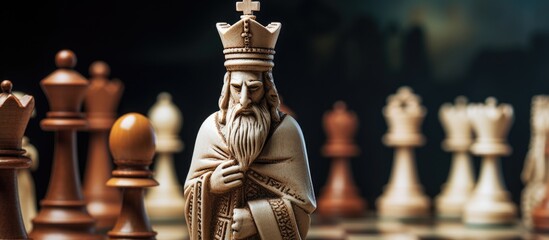 A sculpture of a king wearing a crown stands in front of a chess board. This art piece can be found indoors, serving as a monument for the game of chess