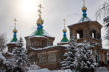 Karakol Orthodox wooden cathedral in winter - 754903520