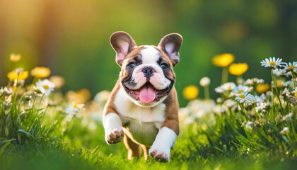 A dog bulldog puppy with a happy face runs through the colorful lush spring green grass