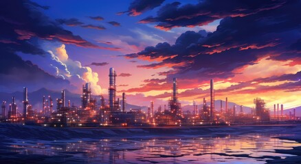 gas refinery surrounded by pipes at dusk
