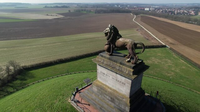 Lion's Mound with farm land around. Butte Du Lion on the battlefield of Waterloo where Napoleon was defeated. Drone aerial view