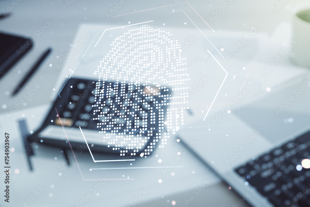 Poster multi exposure of virtual abstract fingerprint illustration on calculator and laptop background, dig