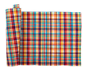 Piece of torn crumpled checkered fabric on a white background. Textile. Cellular tissue isolate